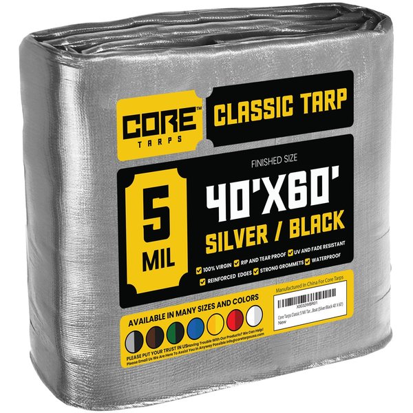 Core Tarps 60 ft L x 0.5 mm H x 40 ft W Heavy Duty 5 Mil Tarp, Silver/Black, Polyethylene CT-501-40X60